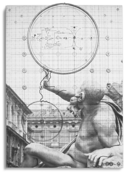 Teoria del tutto, 2025, tecnica mista, disegno, fotografia, pittura, acciaio su tela pregiata 50 x 70 cm