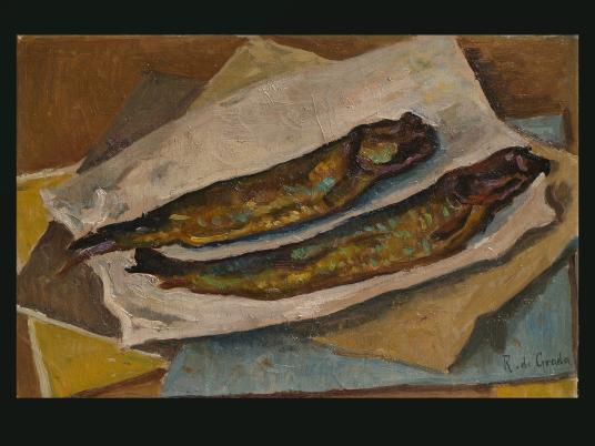 Aringhe sul tavolo, 1940, olio su tela, cm 33x51