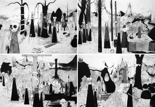 Fausto Gilberti, Trionfo della morte, 2007 grafite su carta, 4 pezzi, cm 33x48 ciascuno