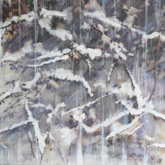 Il freddo degli alberi e neve, 2013-15, olio su impronta 70 x 70 cm