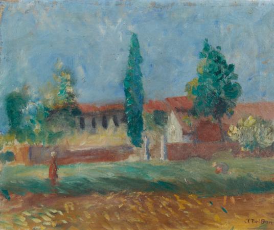 Paesaggio con cascina e contadini, olio su tela, 45,5x55cm