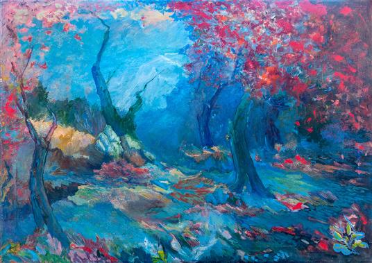 Bosco di alberi blu, Serie Fronde Rosse, 2000, olio su tela, 70 x 100 cm