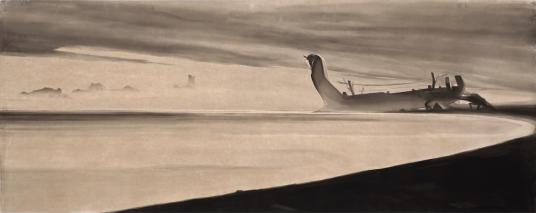 La nave salpa dalla serie visioni del Circeo, 1921-1922, china acquarellata su cart6a, 18,5x47cm