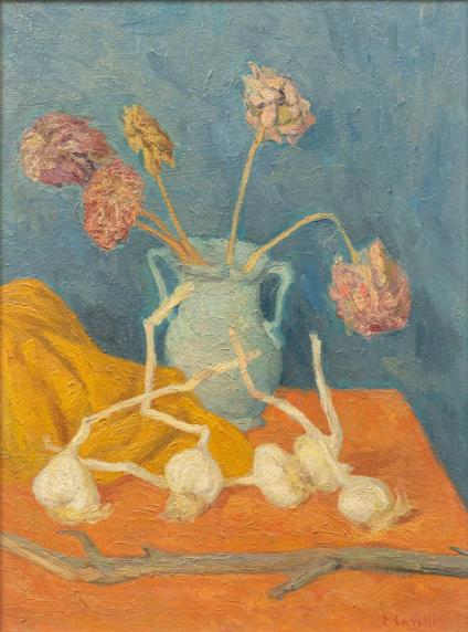 Natura morta con fiori e aglio, olio su tavola, 47x55cm