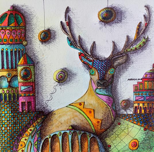 CERVO, acquarello, grafite, biro su carta apposita 20x30 cm
