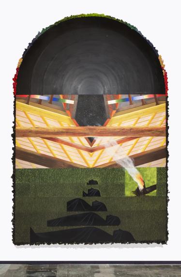 Dentro dalla porta di uscita, 2021, acrilico, olio e licheni su tavole di legno, cm 190x124x3