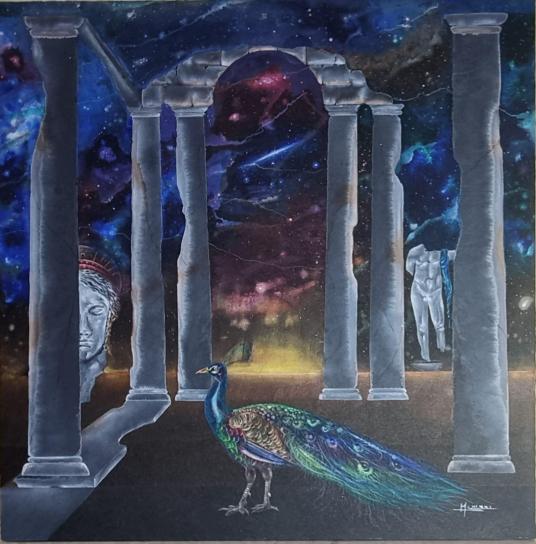 Giunone e il suo pavone, tecnica mista su tela, 100x100 cm