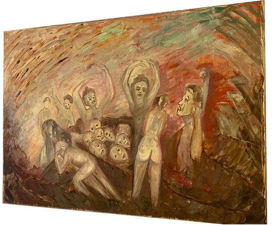 I dannati, olio su tela, 100x70cm, € 9.000. Dall'inferno di Dante, il tormento dei dannati attanaglia il fruitore con le proprie grida di dolore, che diventano follia