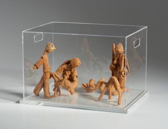 Presepe anni '80, tela di juta, legno, filo, 25.5 x 40.0 x 30.0 cm