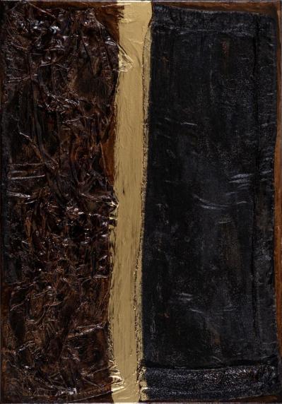 Percorso 2, 2025, polimaterico su tela, olio, bitume, stoffe 80 x 100 cm