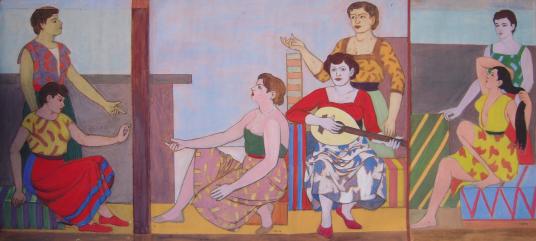 Pompeo Borra, Concerto tra amiche, 1954-1955 (trittico), tempera su carta, cm 144,5x327,5. Collezione privata