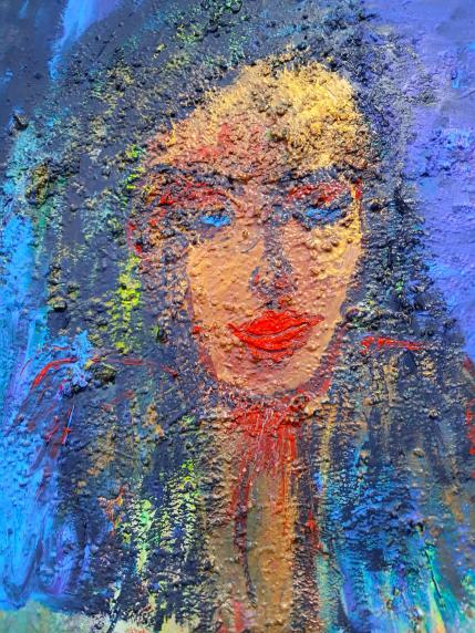 Viso di donna abitante nel borgo dei pescatori. Corricella, dipinto con l'uso di colori acrilici e rifinito con vernice marina, 50 x 70 cm