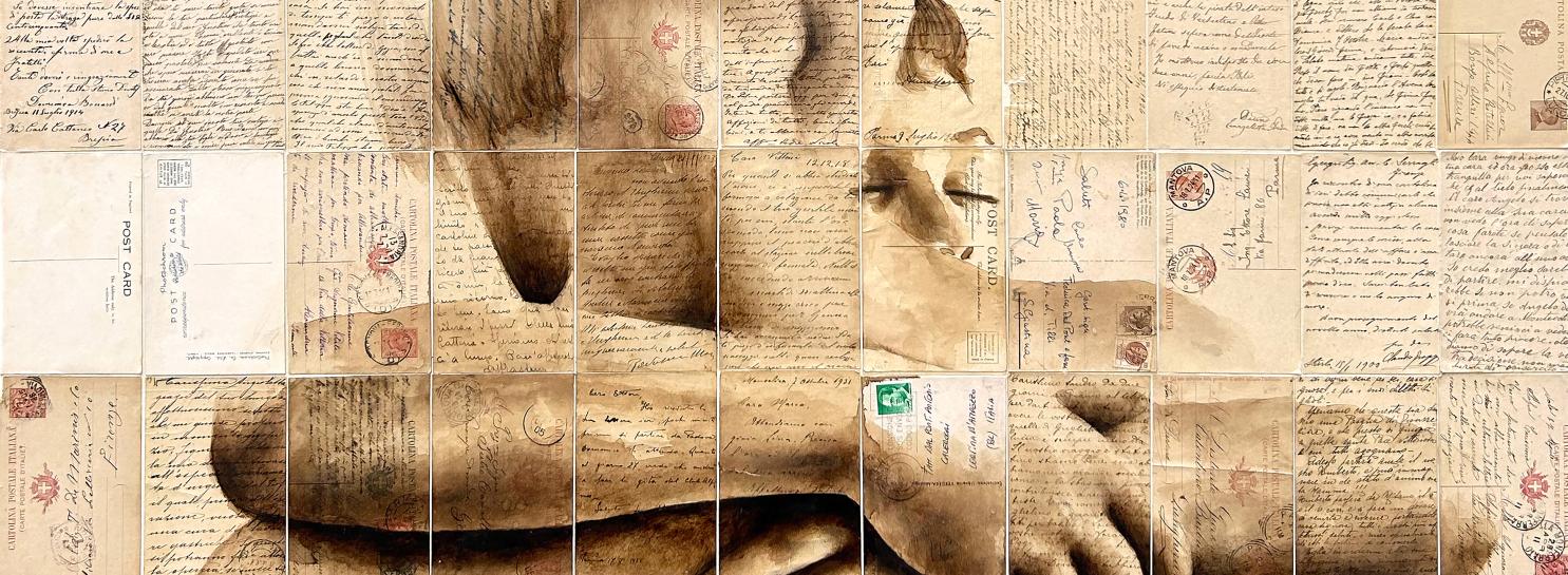 Fabio Imperiale, Una combinazione di magia e pasta (Veneto), 2023, caffè e bitume su cartoline antiche su tavola cm 99,2x96,8. Courtesy Cris Contini Contemporary