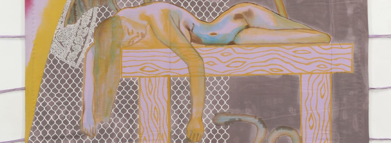 Particolare della Tenda degli angeli, 2013-2014, tempera su cotone, ricamo, cuciture a mano, pali di bambù, finali in legno, corde, pesi in ferro