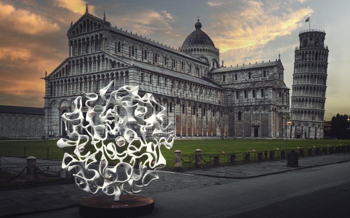 Gianfranco Meggiato, "Lo specchio dell'assoluto", 2021, alluminio verniciato acciaio inox 330x40 cm