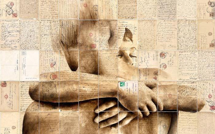 Fabio Imperiale, Una combinazione di magia e pasta (Veneto), 2023, caffè e bitume su cartoline antiche su tavola cm 99,2x96,8. Courtesy Cris Contini Contemporary