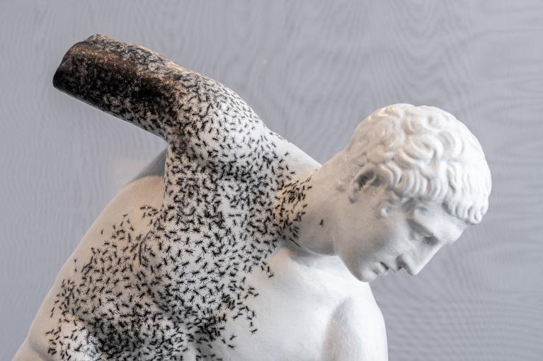 Il discobolo (2022), opera di Emilio Isgrò