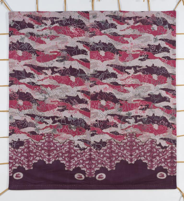Particolare della Tenda del diavolo, 2013-2014, tempera su cotone, ricamo, cuciture a mano, pali di bambù, finali in legno, corde, pesi in ferro