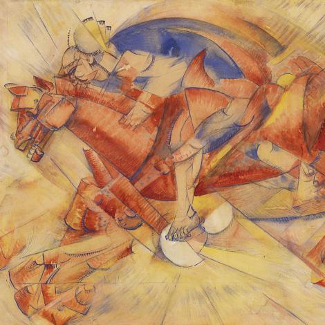 Immagine dell'opera di Carlo Carrà, Il cavaliere rosso, 1913, tempera e inchiostro su carta intelata