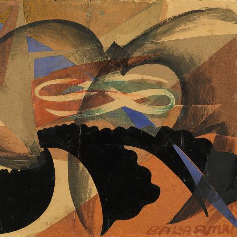 Immagine dell'opera di Giacomo Balla, Sventolamento, 1915, tempera e collage su carta applicata su cartoncino