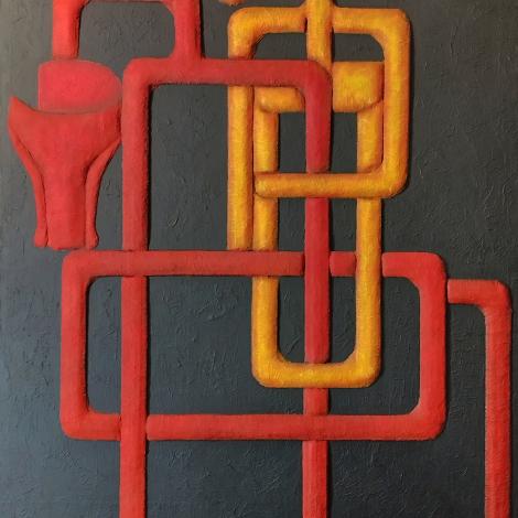 CAVALLO E CAVALIERE (connessioni e vacuità), 2025, tecnica mista, bassorilievo su tavola 100 x 150 cm 