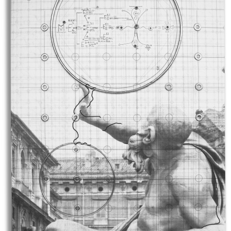 Teoria del tutto, 2025, tecnica mista, disegno, fotografia, pittura, acciaio su tela pregiata 50 x 70 cm