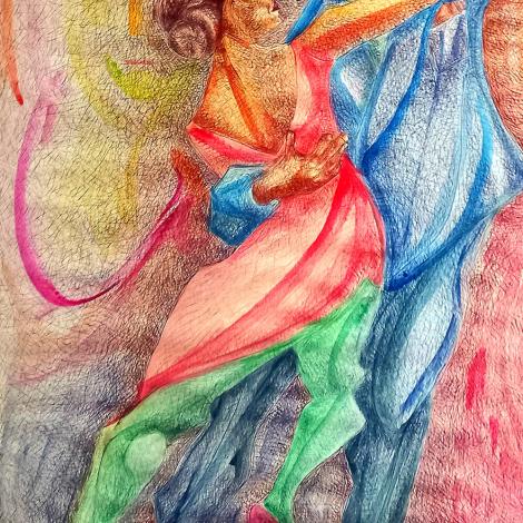 Momento di tango, 2024,  Penna su Carta, Altro tipo di supporto sotto vetro, 69x50cm