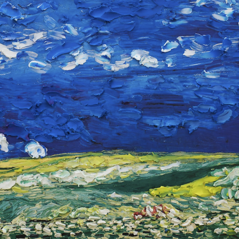 Campo di grano sotto cielo nuvoloso, 2016, pongo su poster 96x47x2 cm
