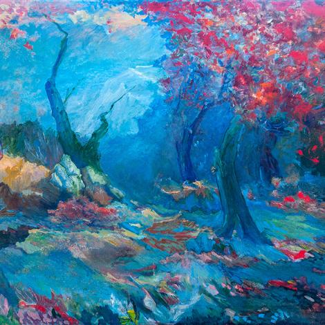 Bosco di alberi blu, Serie Fronde Rosse, 2000, olio su tela, 70 x 100 cm