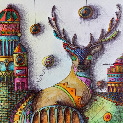 CERVO, acquarello, grafite, biro su carta apposita 20x30 cm