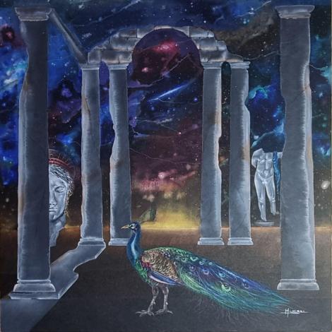 Giunone e il suo pavone, tecnica mista su tela, 100x100 cm