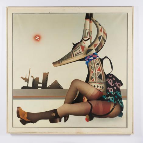 Ragazza scultura e paesaggio, 1975, olio su tela, 170.0 x 170.0 cm