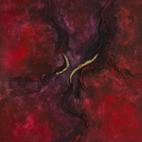 El Gran Rojo, 2024, tecnica mista su tela, foglia oro 23kt 90 x 90 cm