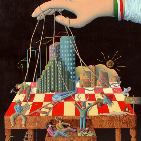 Il grande burattinaio, 2012, acrilico e pirografo su tavola 70 x 90 cm