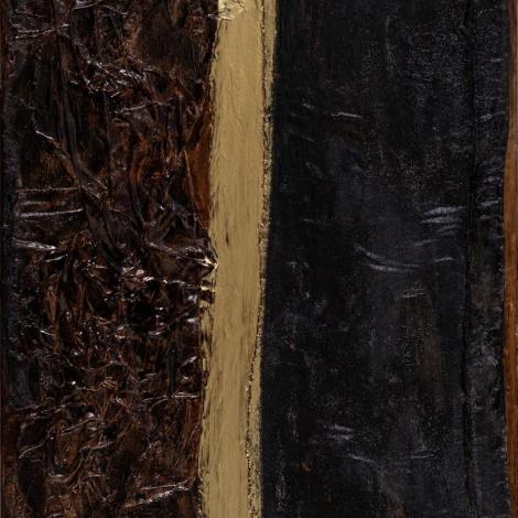 Percorso 2, 2025, polimaterico su tela, olio, bitume, stoffe 80 x 100 cm