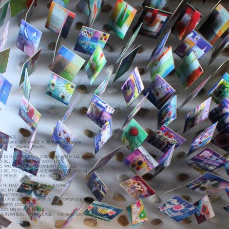 Place to peace (particolare), 2013, poesia visuale su immagini di Marino Ficotto, installazione 300 x 400 x 36 cm
