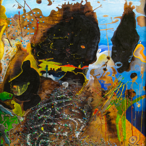 “Acqua tremenda nel Mediterraneo” Tavola 87 x 78 dipinto ad olio su materico e bruciature. Anno 2019