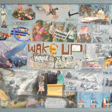 Wake up, 2012, olio su tela e collage 70 x 50 cm