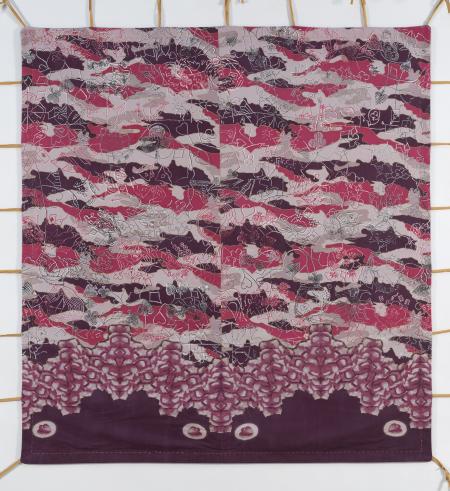 Pannello della Tenda del diavolo, 2013-2014, tempera su cotone, ricamo, cuciture a mano, pali di bambù, finali in legno, corde, pesi in ferro