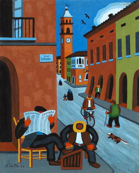 IL LUSTRA SCARPE LUZZARA, OMAGGIO A ZAVATTINI, 2004, acrilico su faesite, 40x50 cm