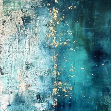 FRAMMENTI DI SABBIA, 2024, tecnica mista, acrilico su tela e foglia oro, 100 x 100 cm