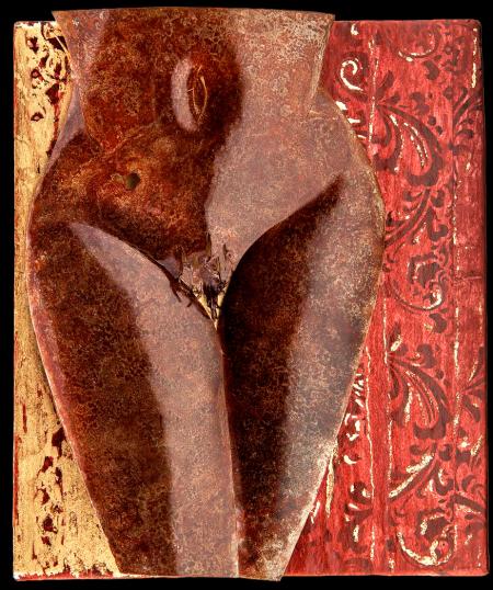 La Iolanda, 2017, ferro su legno, carta e foglia oro  22x19 cm