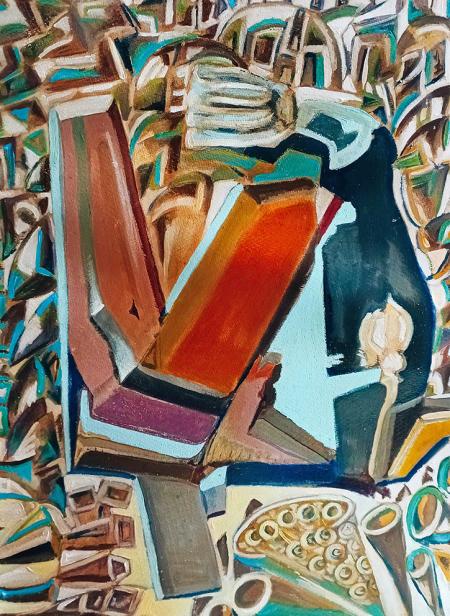 Donna alla finestra con bicchiere di vino, 2024, dipinto con inchiostro, tempere, acrilici, pigmenti ed oli su cartone vecchio di recupero 56x75 cm