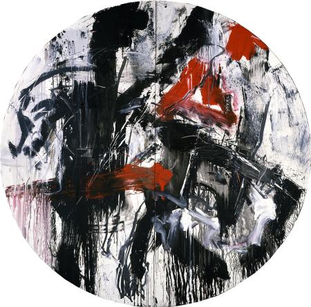 Tondo ’85 – 2, 1985, colori acrilici, sabbia, nero ossido e pastello su tela
