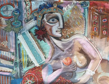 J'adore Duchamp, 2024, dipinto con tempera, acrilico, olive pigmenti con collage di stoffe, pizzi e cartone. Supporto- carta metallizzata interno busta lastre kodak 104x80 cm