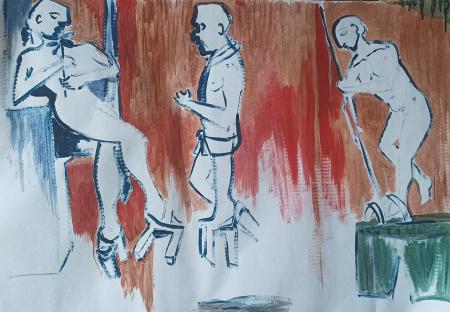 Inganno fra timidezza e memoria, 2024, dipinto con acrilici su carta di recupero 101x70 cm