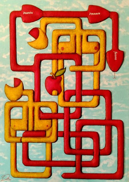 PECCATO ORIGINALE (connessioni e vacuità), 2025, tecnica mista, bassorilievo su tavola 110 x 155 cm