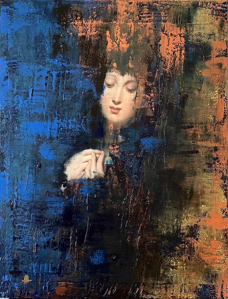 VERGINE IN BLU, 2020, tecnica mista, acrilico su tela, 100 x 120 cm