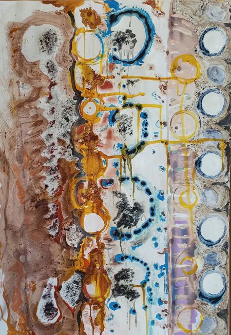 Stupidità infinita, 2024, pigmenti inchiostri ed acrilici su carta di recupero 71x101 cm