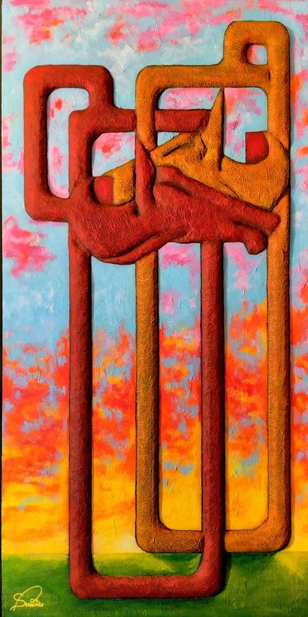 ABBRACCIO (connessioni e vacuità), 2025, tecnica mista, bassorilievo su tavola 70 x 140 cm